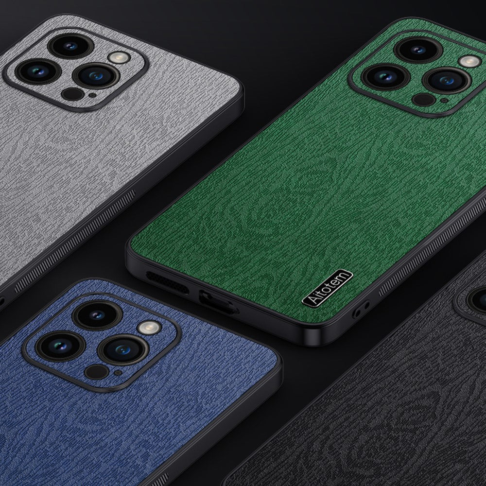 PU Leather+PC+TPU Phone Case For iPhone 14 Pro Max Wood Grain Phone Cover with All-wrapped Camera Protection