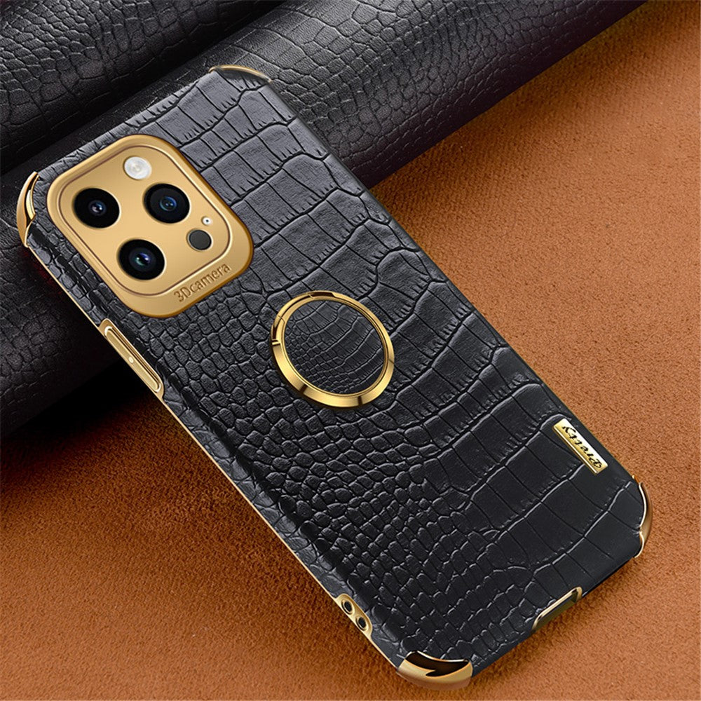 6D Electroplating Phone Case for iPhone 14 Pro Max , Crocodile Texture PU Leather Coated TPU Cover with  Kickstand