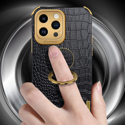 6D Electroplating Phone Case for iPhone 14 Pro Max , Crocodile Texture PU Leather Coated TPU Cover with  Kickstand