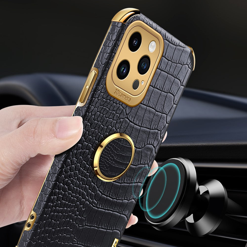 6D Electroplating Phone Case for iPhone 14 Pro Max , Crocodile Texture PU Leather Coated TPU Cover with  Kickstand