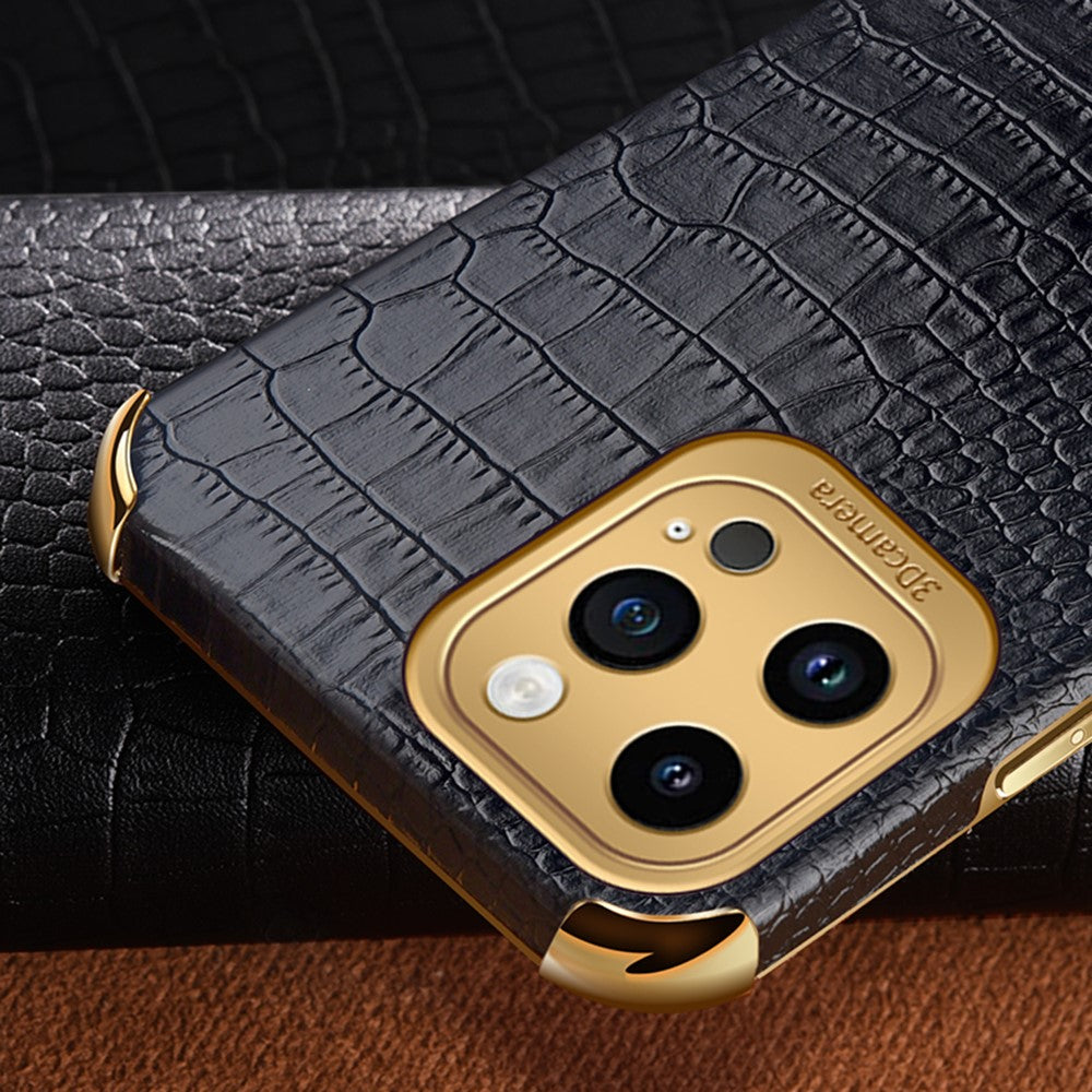6D Electroplating Phone Case for iPhone 14 Pro Max , Crocodile Texture PU Leather Coated TPU Cover with  Kickstand