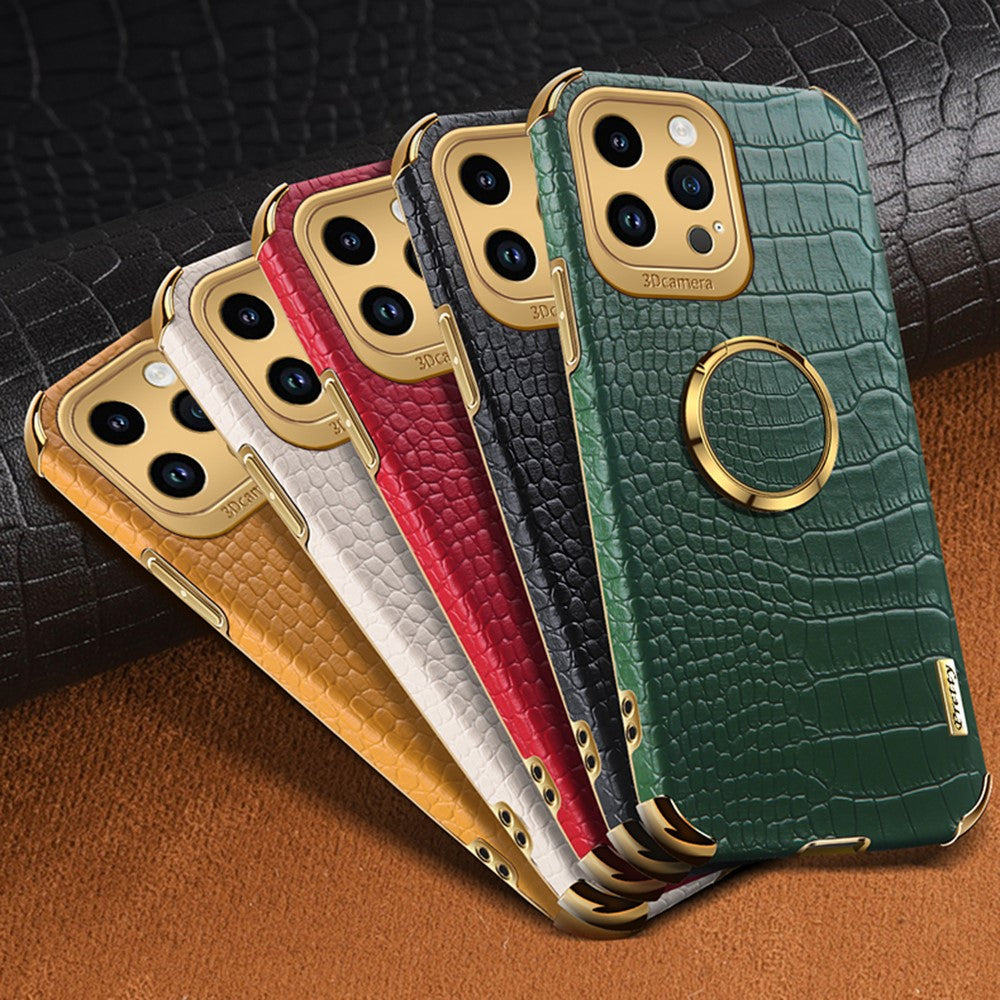 6D Electroplating Phone Case for iPhone 14 Pro Max , Crocodile Texture PU Leather Coated TPU Cover with  Kickstand