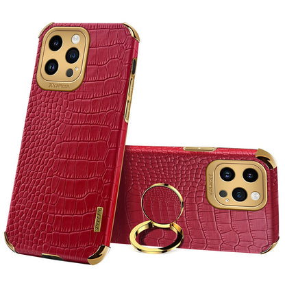 6D Electroplating Phone Case for iPhone 14 Pro Max , Crocodile Texture PU Leather Coated TPU Cover with  Kickstand