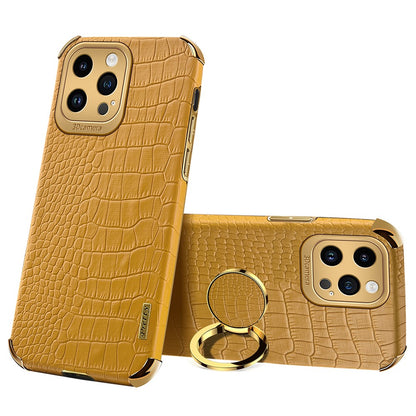 6D Electroplating Phone Case for iPhone 14 Pro Max , Crocodile Texture PU Leather Coated TPU Cover with  Kickstand