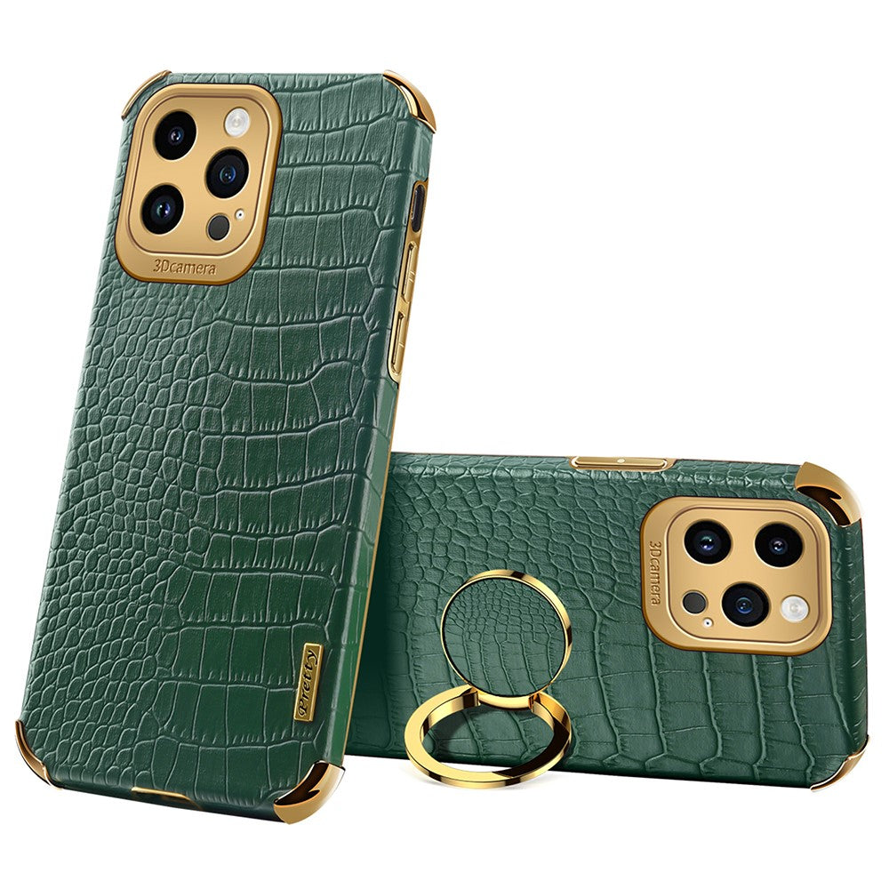 6D Electroplating Phone Case for iPhone 14 Pro Max , Crocodile Texture PU Leather Coated TPU Cover with  Kickstand