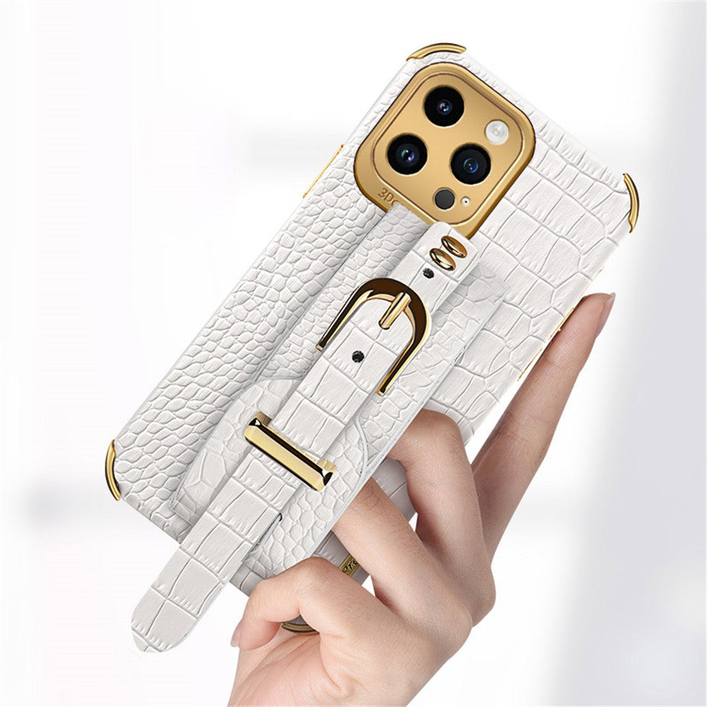 Crocodile Texture Protective Case for iPhone 14 Pro Max Electroplating Phone Case with Hand Strap Kickstand