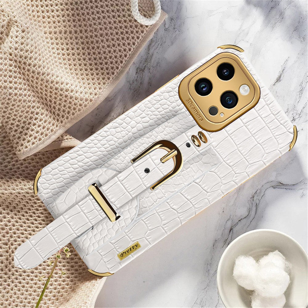 Crocodile Texture Protective Case for iPhone 14 Pro Max Electroplating Phone Case with Hand Strap Kickstand