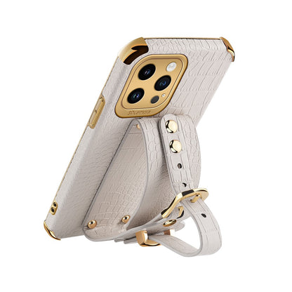 Crocodile Texture Protective Case for iPhone 14 Pro Max Electroplating Phone Case with Hand Strap Kickstand