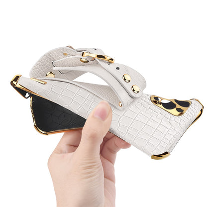 Crocodile Texture Protective Case for iPhone 14 Pro Max Electroplating Phone Case with Hand Strap Kickstand