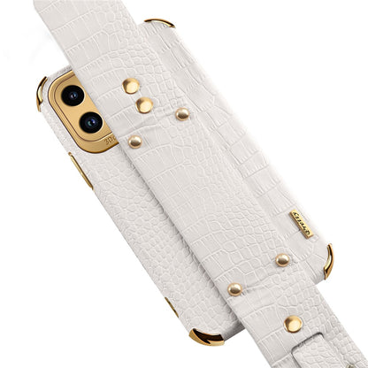 Crocodile Texture Protective Case for iPhone 14 Pro Max Electroplating Phone Case with Hand Strap Kickstand