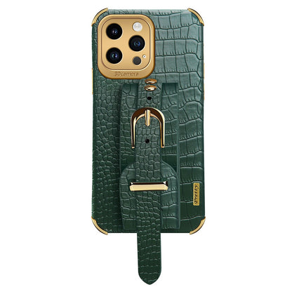 Crocodile Texture Protective Case for iPhone 14 Pro Max Electroplating Phone Case with Hand Strap Kickstand