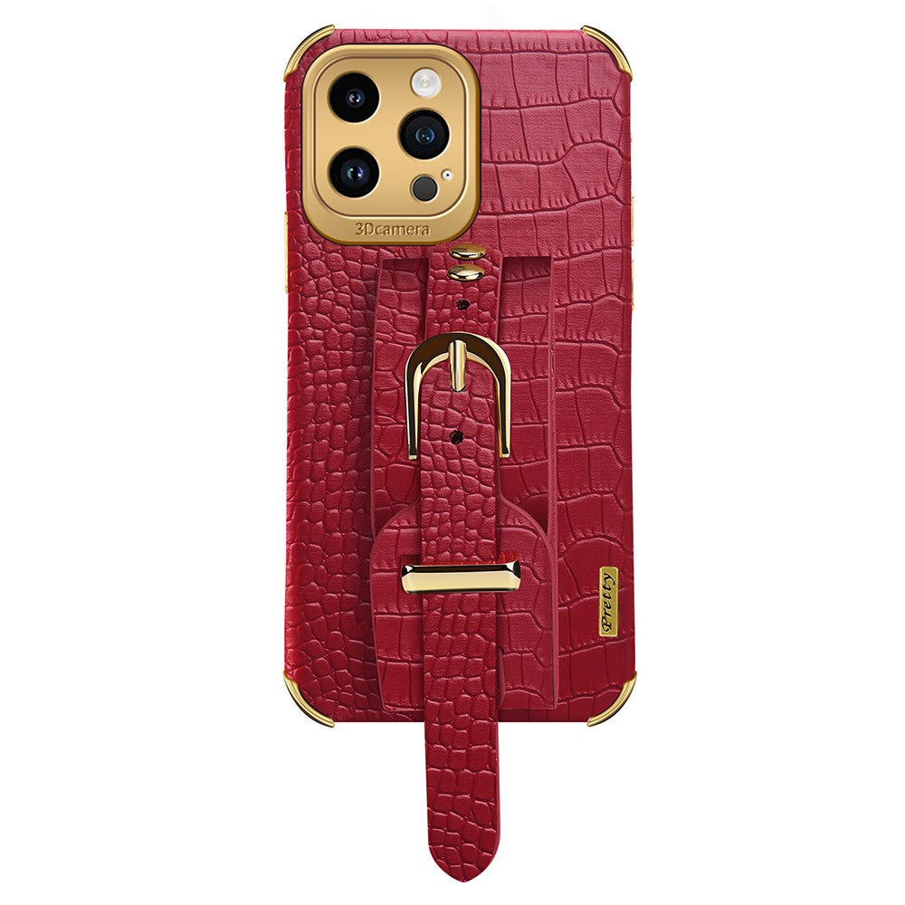 Crocodile Texture Protective Case for iPhone 14 Pro Max Electroplating Phone Case with Hand Strap Kickstand