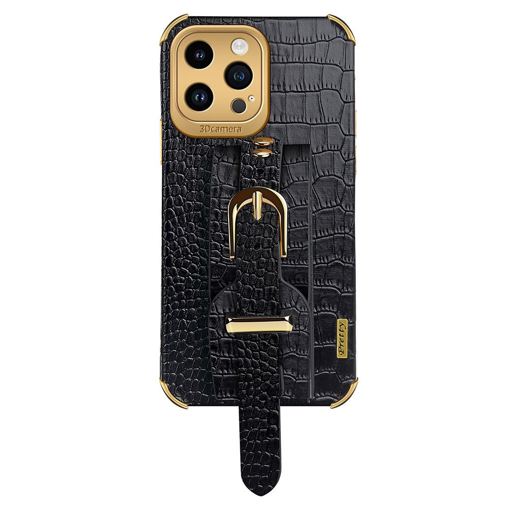 Crocodile Texture Protective Case for iPhone 14 Pro Max Electroplating Phone Case with Hand Strap Kickstand