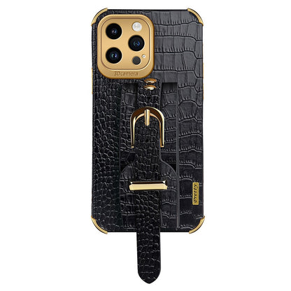 Crocodile Texture Protective Case for iPhone 14 Pro Max Electroplating Phone Case with Hand Strap Kickstand