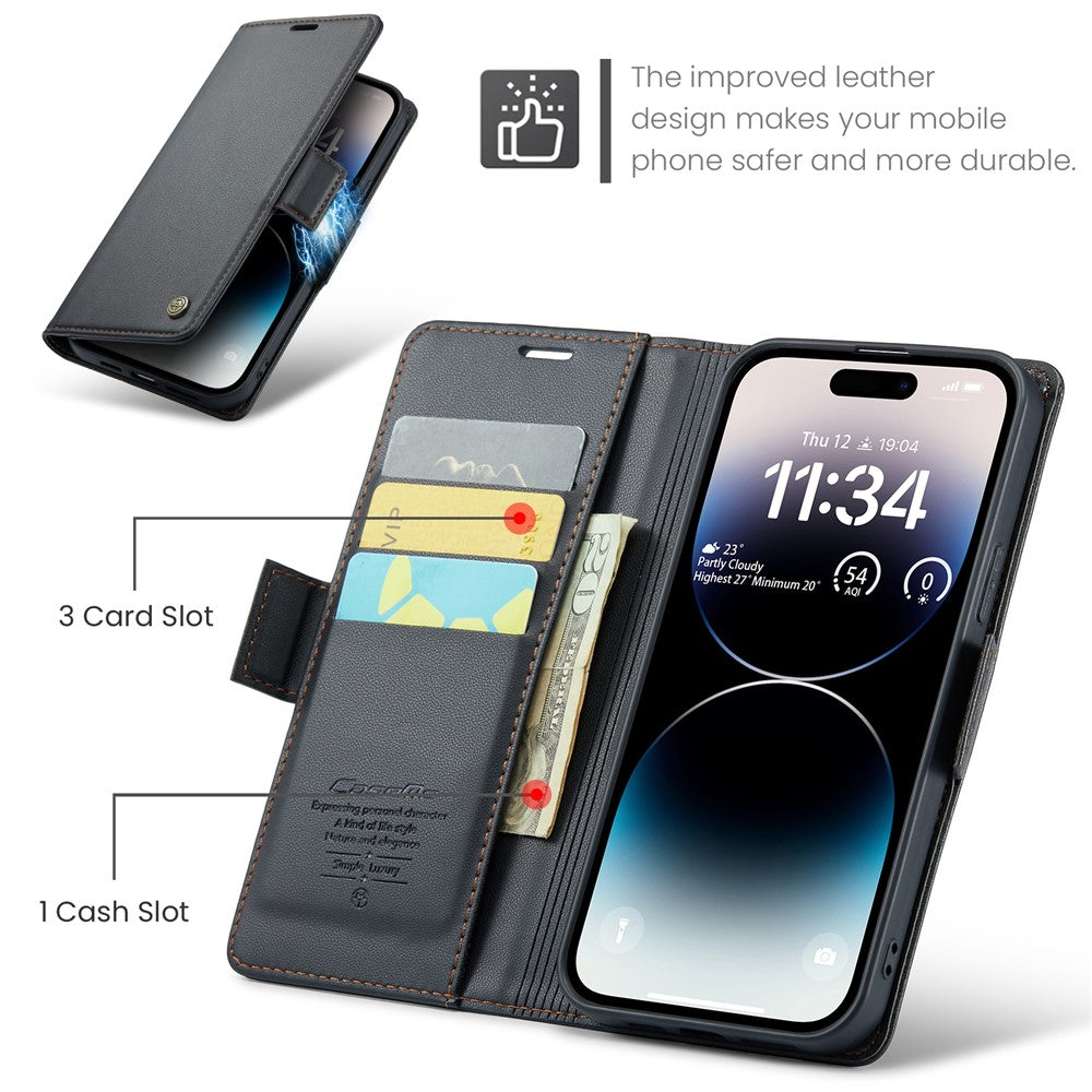 For iPhone 14 Pro Max Leather Case CASEME 023 RFID Blocking 3 Card Slot Mobile Cover