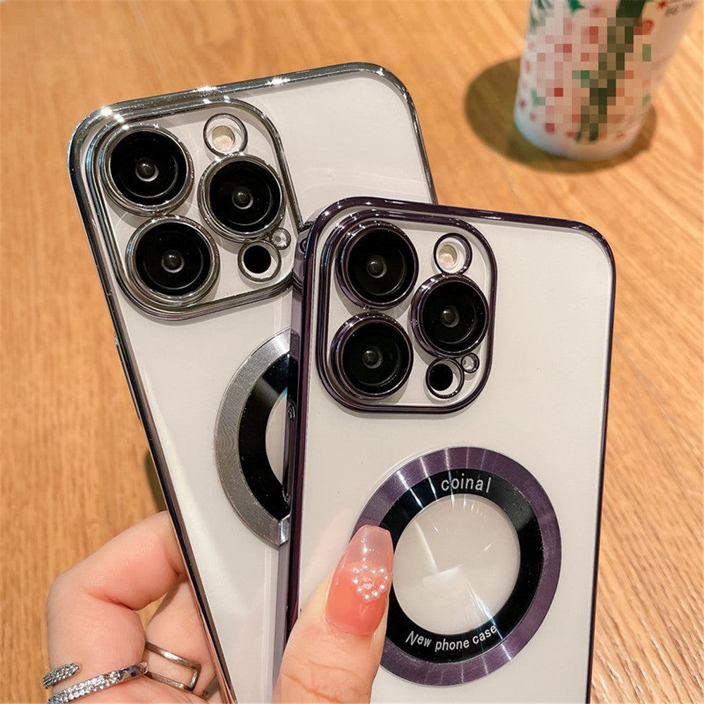 For iPhone 14 Pro Max Hard PC Phone Cover Electroplating Magnetic Charging Phone Case with Raised Bezel