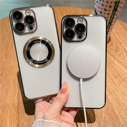 For iPhone 14 Pro Max Hard PC Phone Cover Electroplating Magnetic Charging Phone Case with Raised Bezel