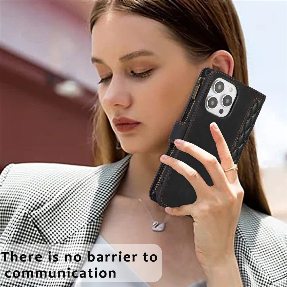 For iPhone 14 Pro Max PU Leather 9 Card Slots Phone Case Imprinted Zipper Pocket Wallet Cover with Stand