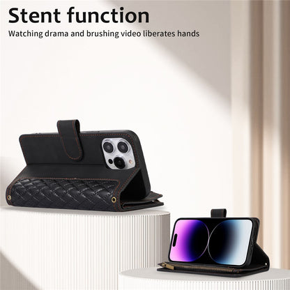 For iPhone 14 Pro Max PU Leather 9 Card Slots Phone Case Imprinted Zipper Pocket Wallet Cover with Stand