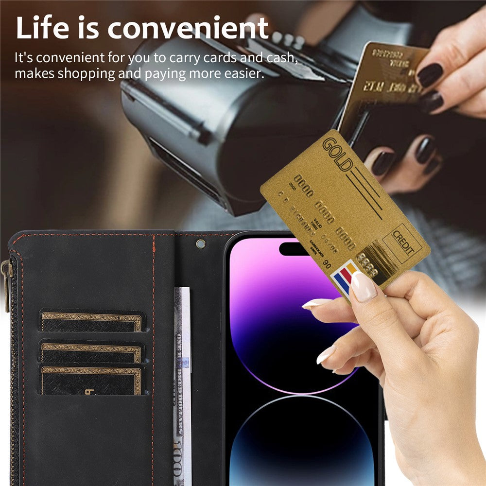For iPhone 14 Pro Max PU Leather 9 Card Slots Phone Case Imprinted Zipper Pocket Wallet Cover with Stand