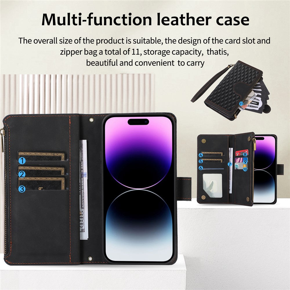 For iPhone 14 Pro Max PU Leather 9 Card Slots Phone Case Imprinted Zipper Pocket Wallet Cover with Stand