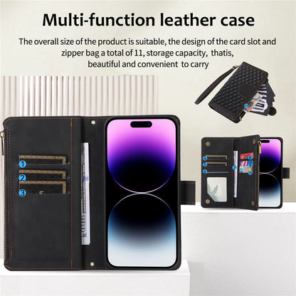 For iPhone 14 Pro Max PU Leather 9 Card Slots Phone Case Imprinted Zipper Pocket Wallet Cover with Stand