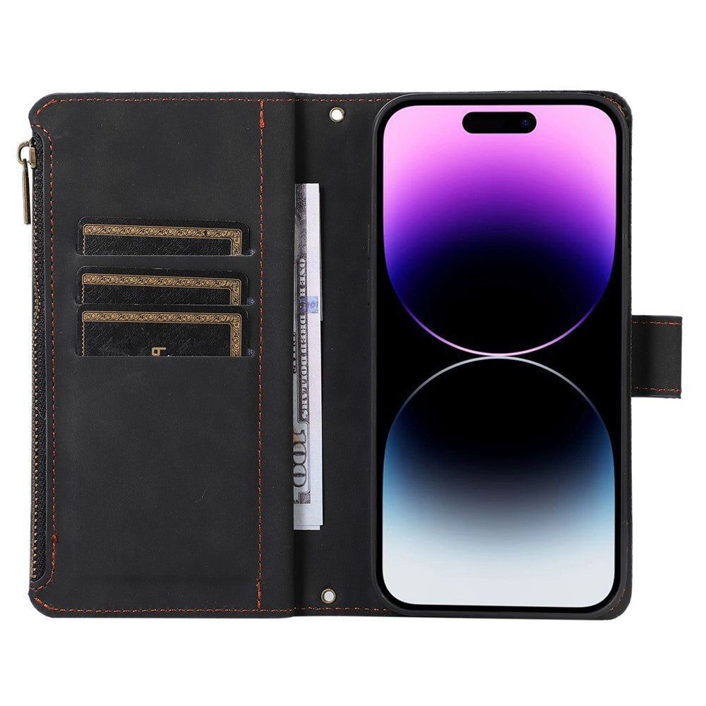 For iPhone 14 Pro Max PU Leather 9 Card Slots Phone Case Imprinted Zipper Pocket Wallet Cover with Stand
