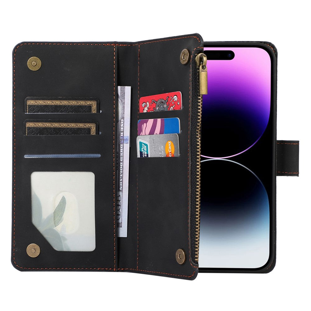 For iPhone 14 Pro Max PU Leather 9 Card Slots Phone Case Imprinted Zipper Pocket Wallet Cover with Stand