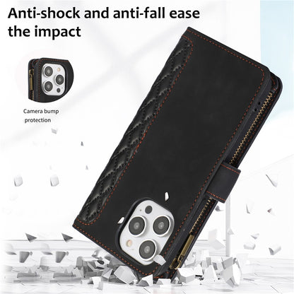 For iPhone 14 Pro Max PU Leather 9 Card Slots Phone Case Imprinted Zipper Pocket Wallet Cover with Stand