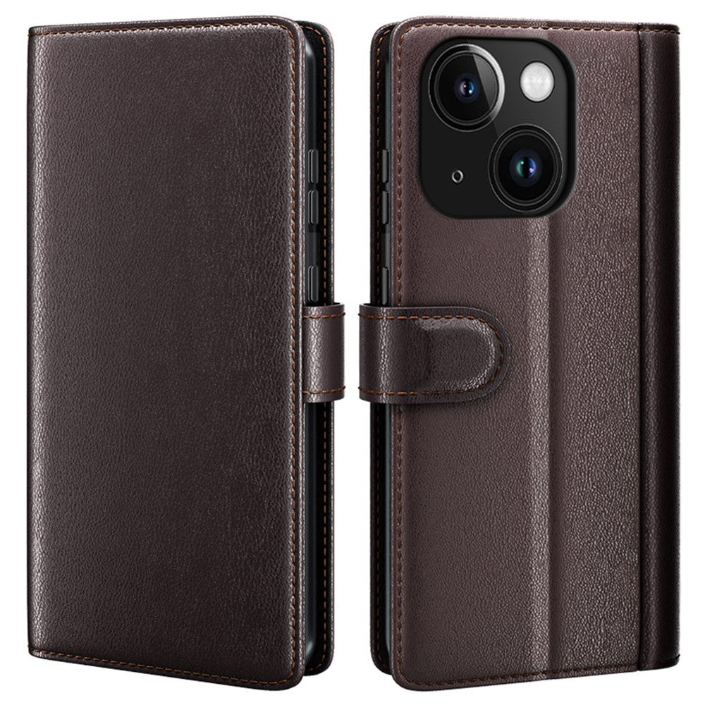 For iPhone 15 Plus Case Genuine Split Leather Phone Cover with Wallet Stand