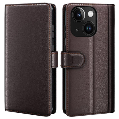 For iPhone 15 Plus Case Genuine Split Leather Phone Cover with Wallet Stand