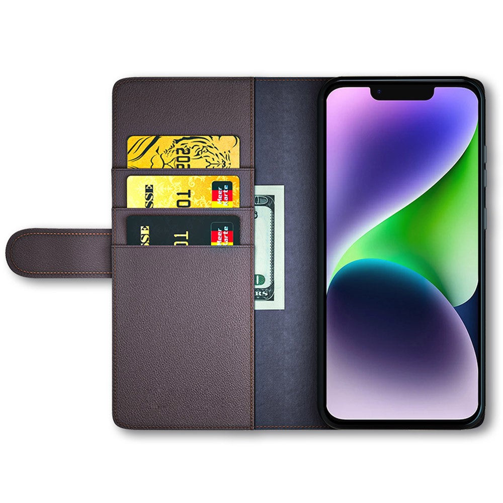 For iPhone 15 Plus Case Genuine Split Leather Phone Cover with Wallet Stand