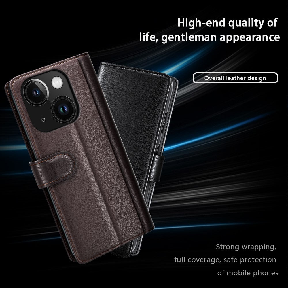 For iPhone 15 Plus Case Genuine Split Leather Phone Cover with Wallet Stand