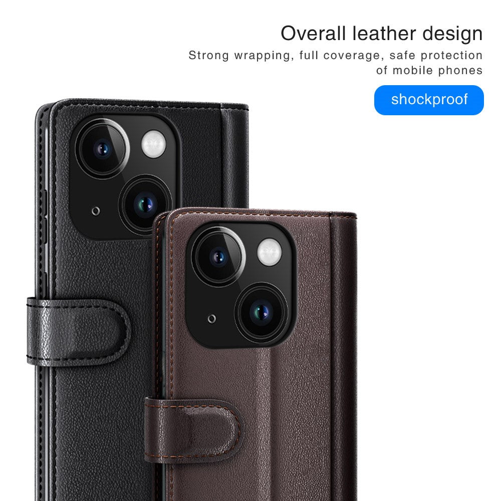 For iPhone 15 Plus Case Genuine Split Leather Phone Cover with Wallet Stand
