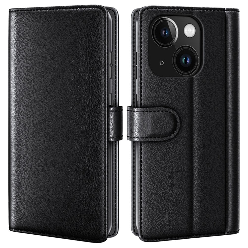 For iPhone 15 Plus Case Genuine Split Leather Phone Cover with Wallet Stand