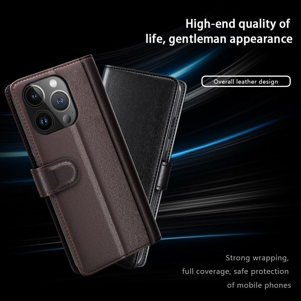 For iPhone 15 Pro Case Genuine Split Leather Phone Cover with Wallet Stand