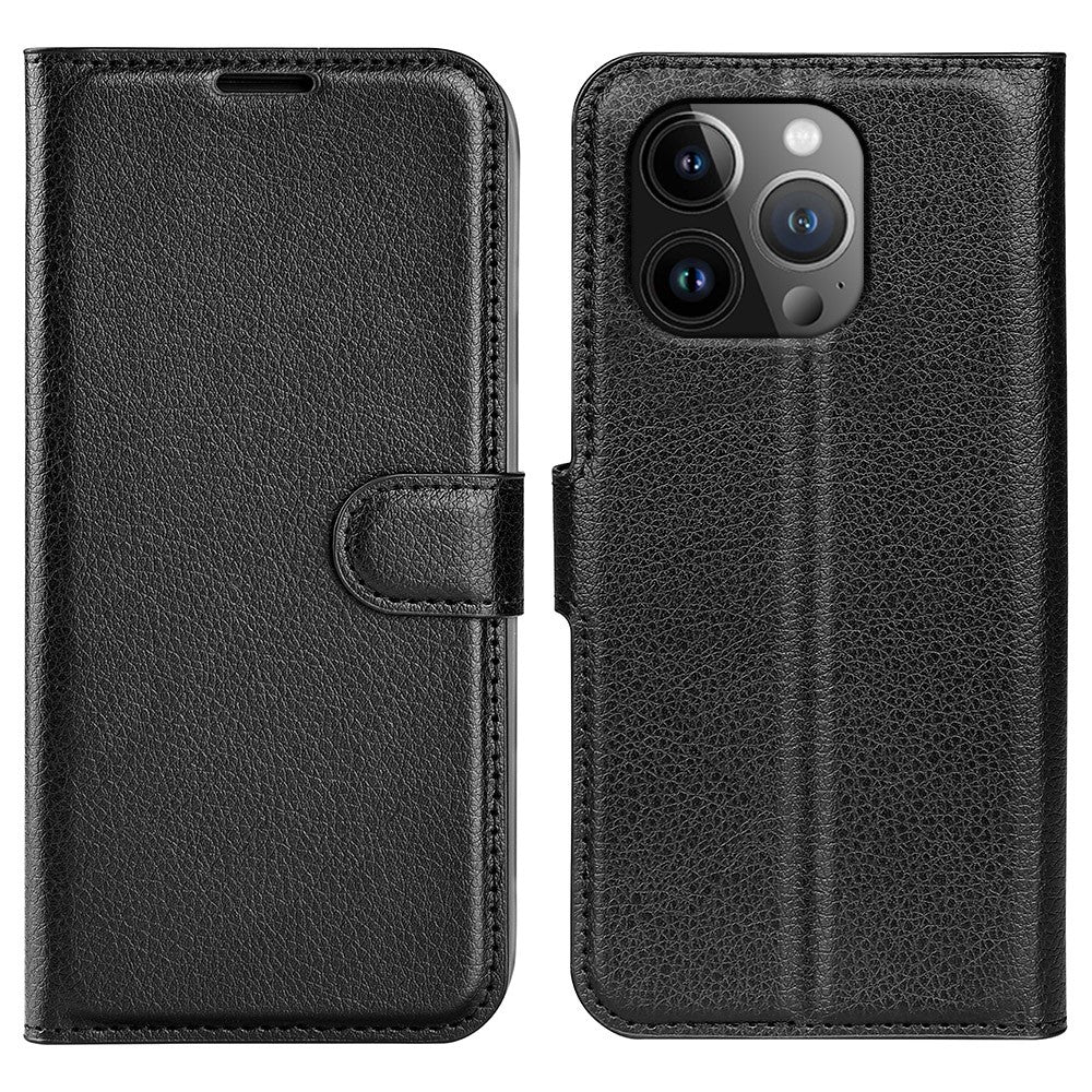 For iPhone 15 Pro Shockproof Wallet Phone Cover PU Leather Litchi Texture Stand Mobile Phone Case