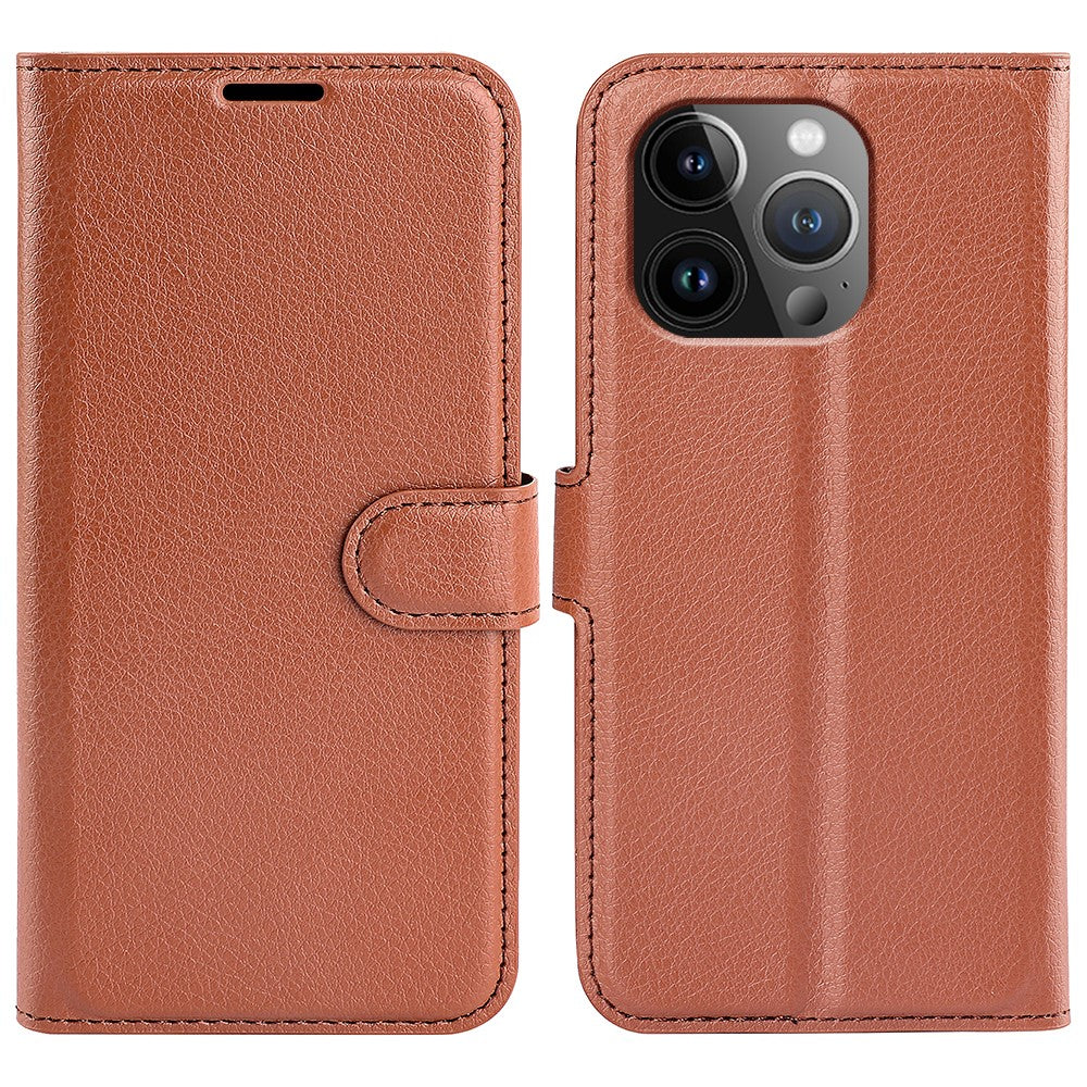 For iPhone 15 Pro Shockproof Wallet Phone Cover PU Leather Litchi Texture Stand Mobile Phone Case