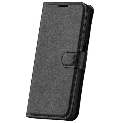 Stand Phone Case for iPhone 15 Plus PU Leather Litchi Texture Wallet Folio Flip Phone Cover