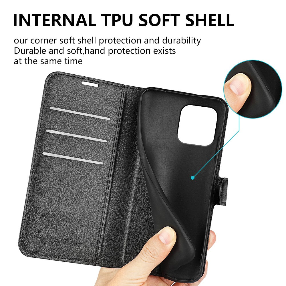 Stand Phone Case for iPhone 15 Plus PU Leather Litchi Texture Wallet Folio Flip Phone Cover