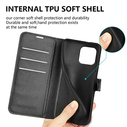 Stand Phone Case for iPhone 15 Plus PU Leather Litchi Texture Wallet Folio Flip Phone Cover
