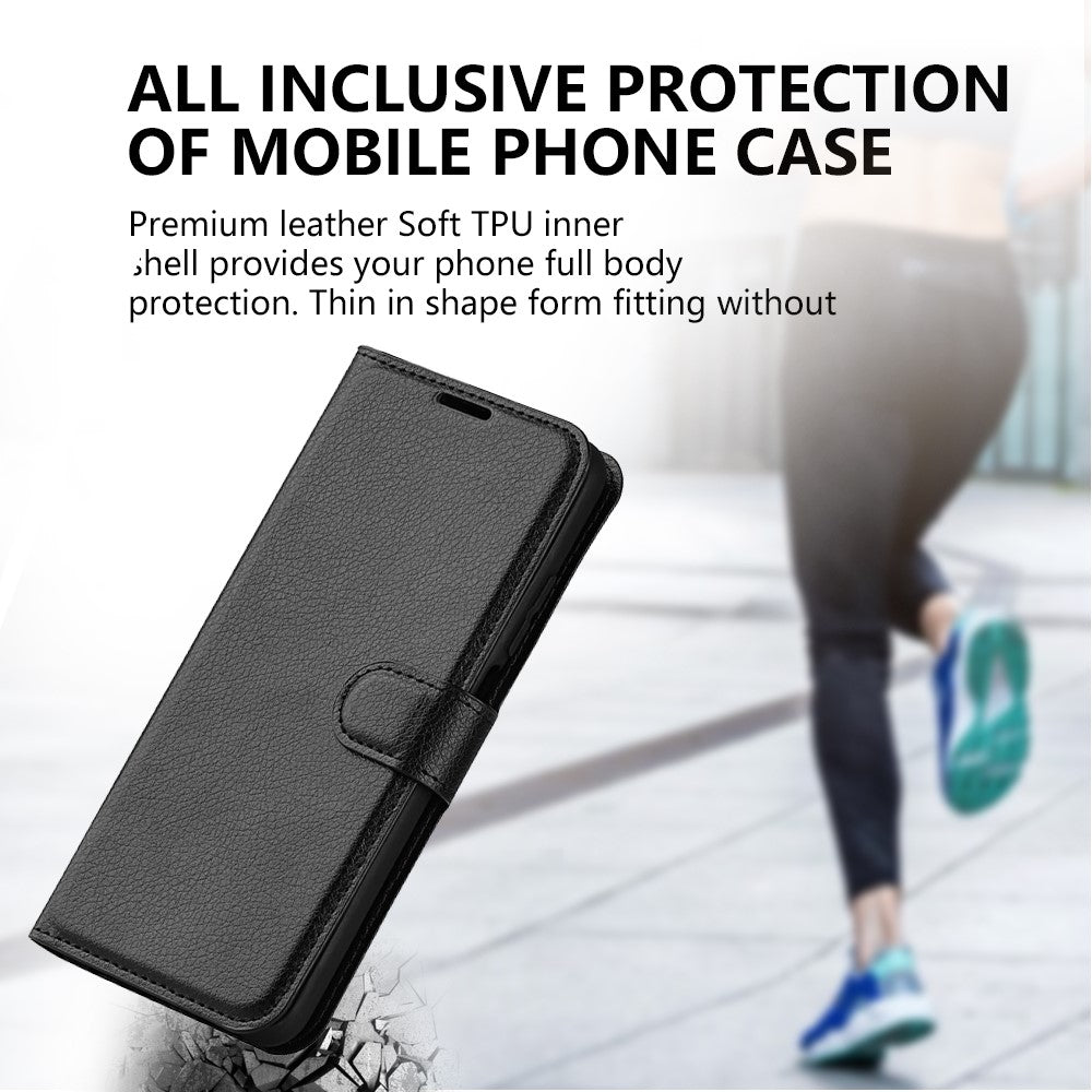 Stand Phone Case for iPhone 15 Plus PU Leather Litchi Texture Wallet Folio Flip Phone Cover