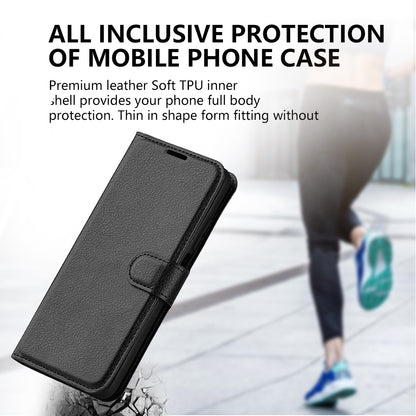 Stand Phone Case for iPhone 15 Plus PU Leather Litchi Texture Wallet Folio Flip Phone Cover