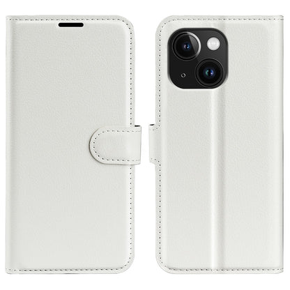 Stand Phone Case for iPhone 15 Plus PU Leather Litchi Texture Wallet Folio Flip Phone Cover