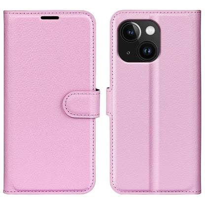 Stand Phone Case for iPhone 15 Plus PU Leather Litchi Texture Wallet Folio Flip Phone Cover