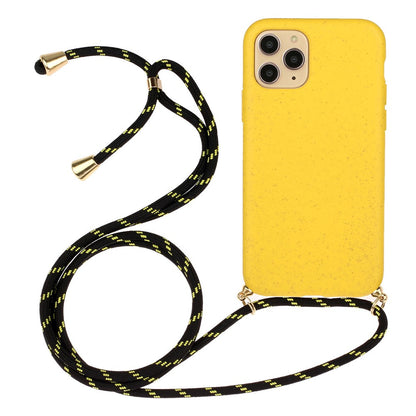 For iPhone 15 Pro Max Mobile Phone Case Biodegradable Wheat Straw+TPU Protection Cover with Lanyard