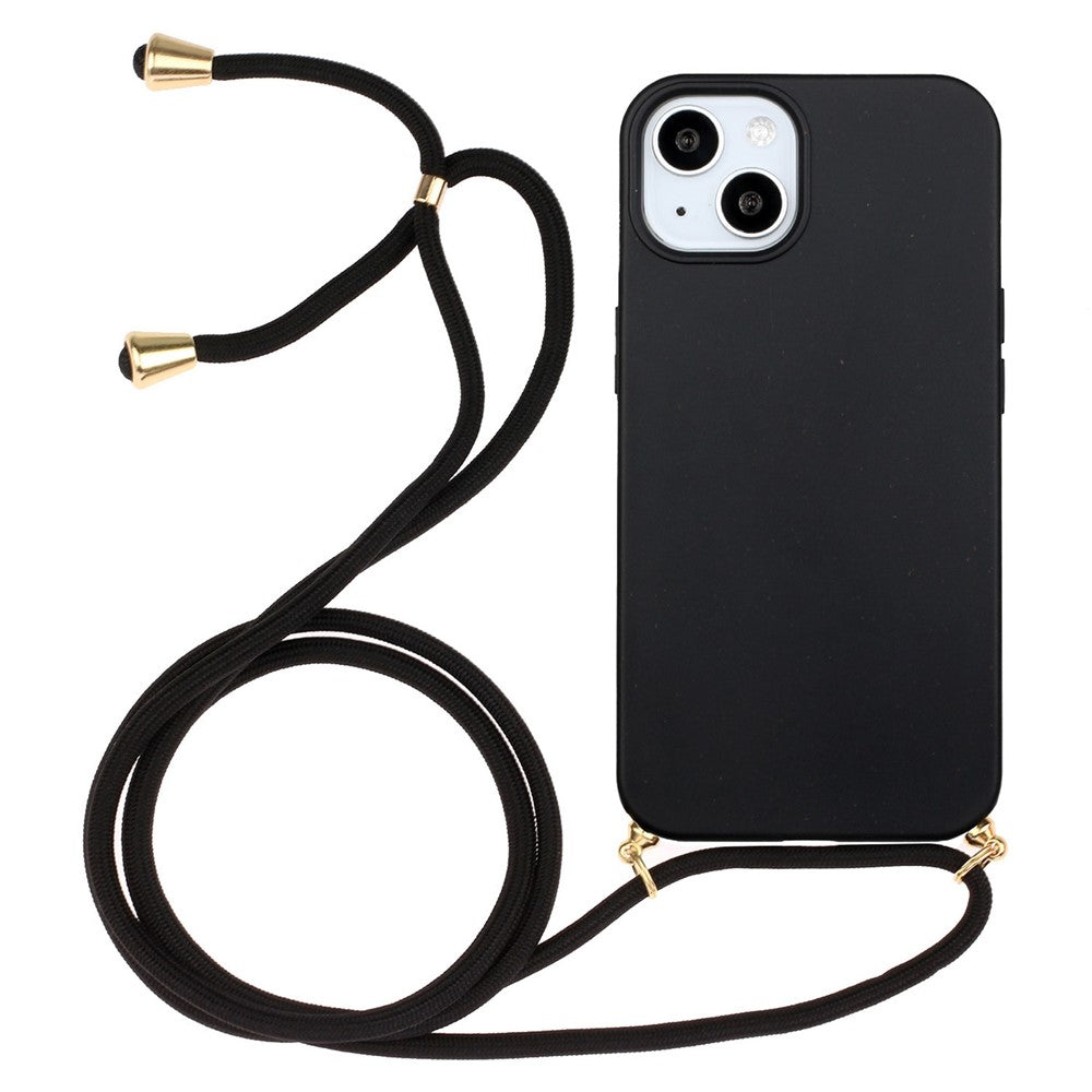 For iPhone 15 Plus Biodegradable Phone Case Wheat Straw+TPU Shockproof Protection Cover with Lanyard