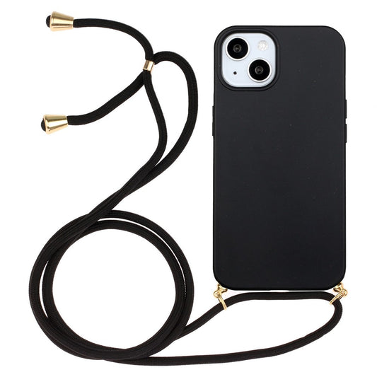 For iPhone 15 Plus Biodegradable Phone Case Wheat Straw+TPU Shockproof Protection Cover with Lanyard