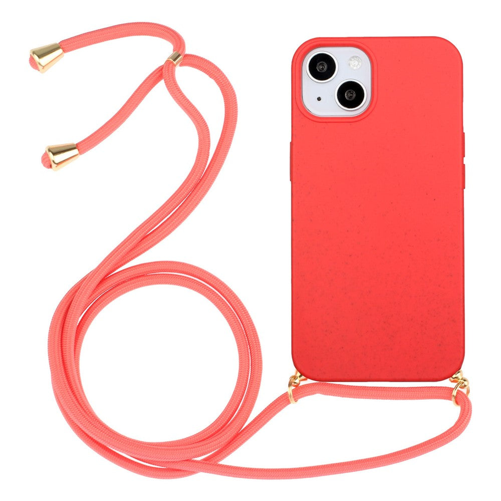 For iPhone 15 Plus Biodegradable Phone Case Wheat Straw+TPU Shockproof Protection Cover with Lanyard