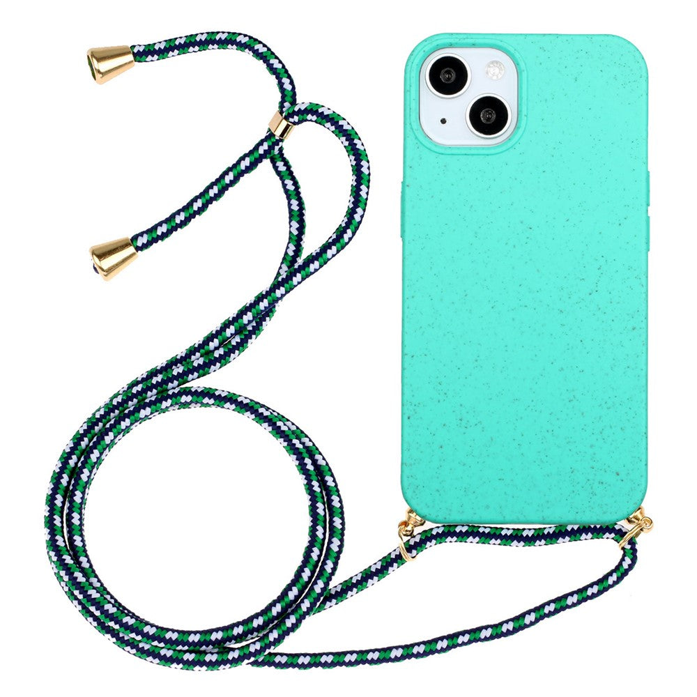 For iPhone 15 Plus Biodegradable Phone Case Wheat Straw+TPU Shockproof Protection Cover with Lanyard